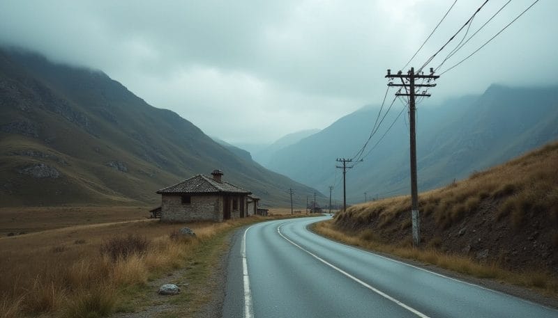 Carretera rural con un poste telefónico con cables cortados en la comarca de Cabrera