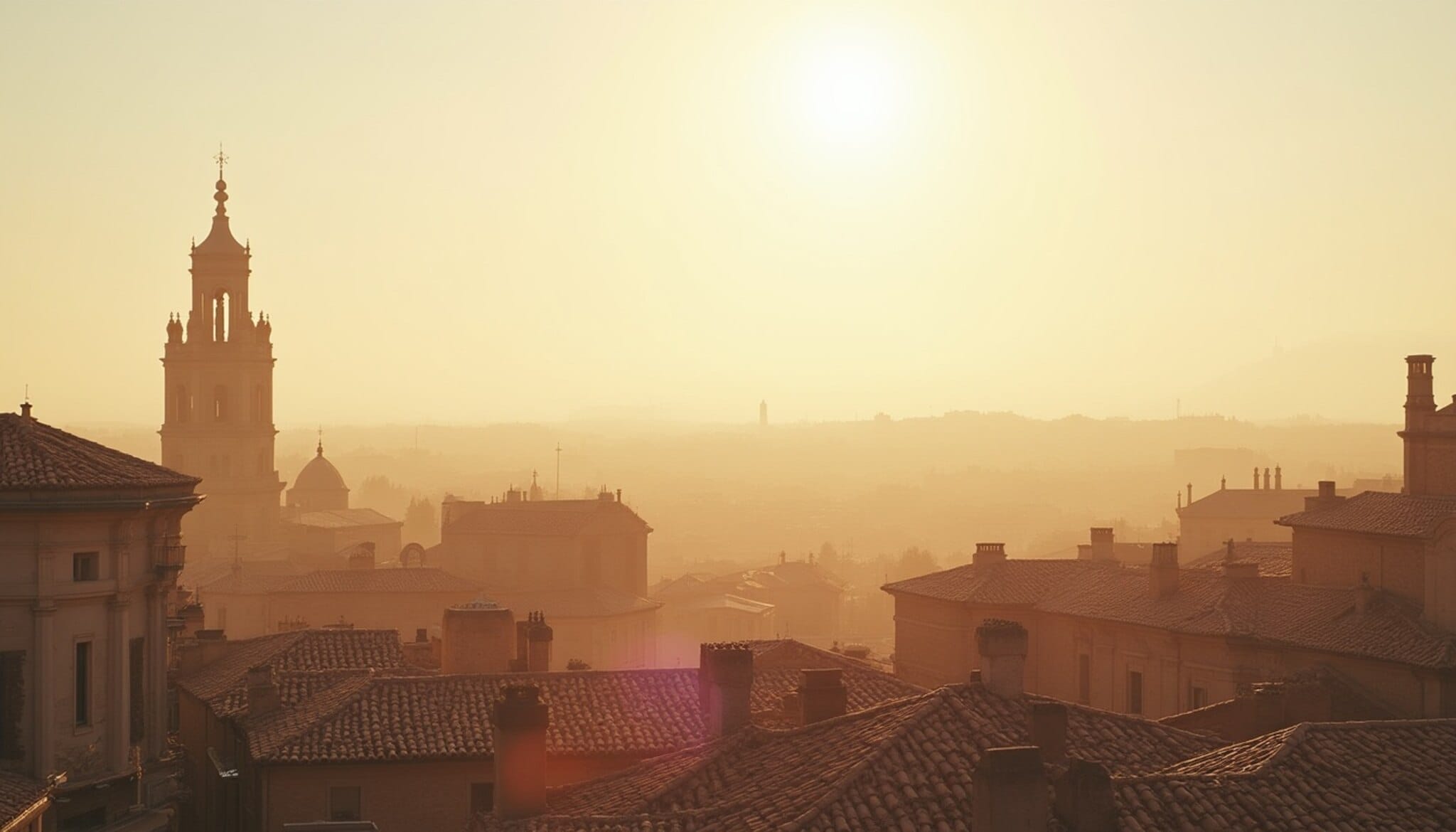 Cielo veraniego sobre los tejados de León con una ligera bruma de calor.