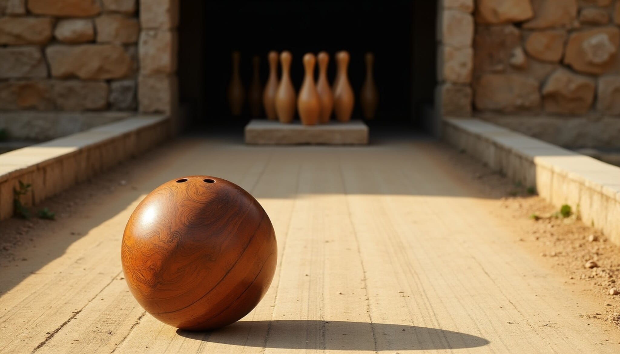 Bolera tradicional leonesa con los bolos de madera colocados y la bola en primer plano.