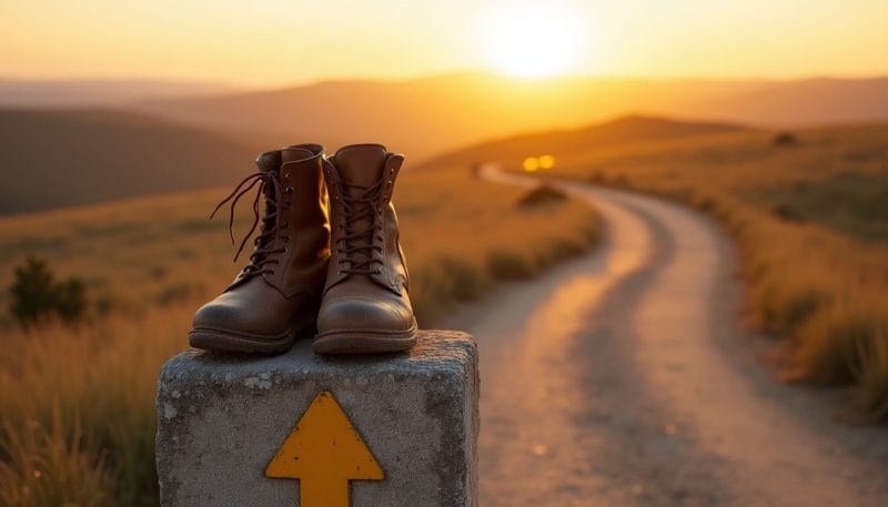 Botas de peregrino descansando sobre un mojón del Camino de Santiago en León.