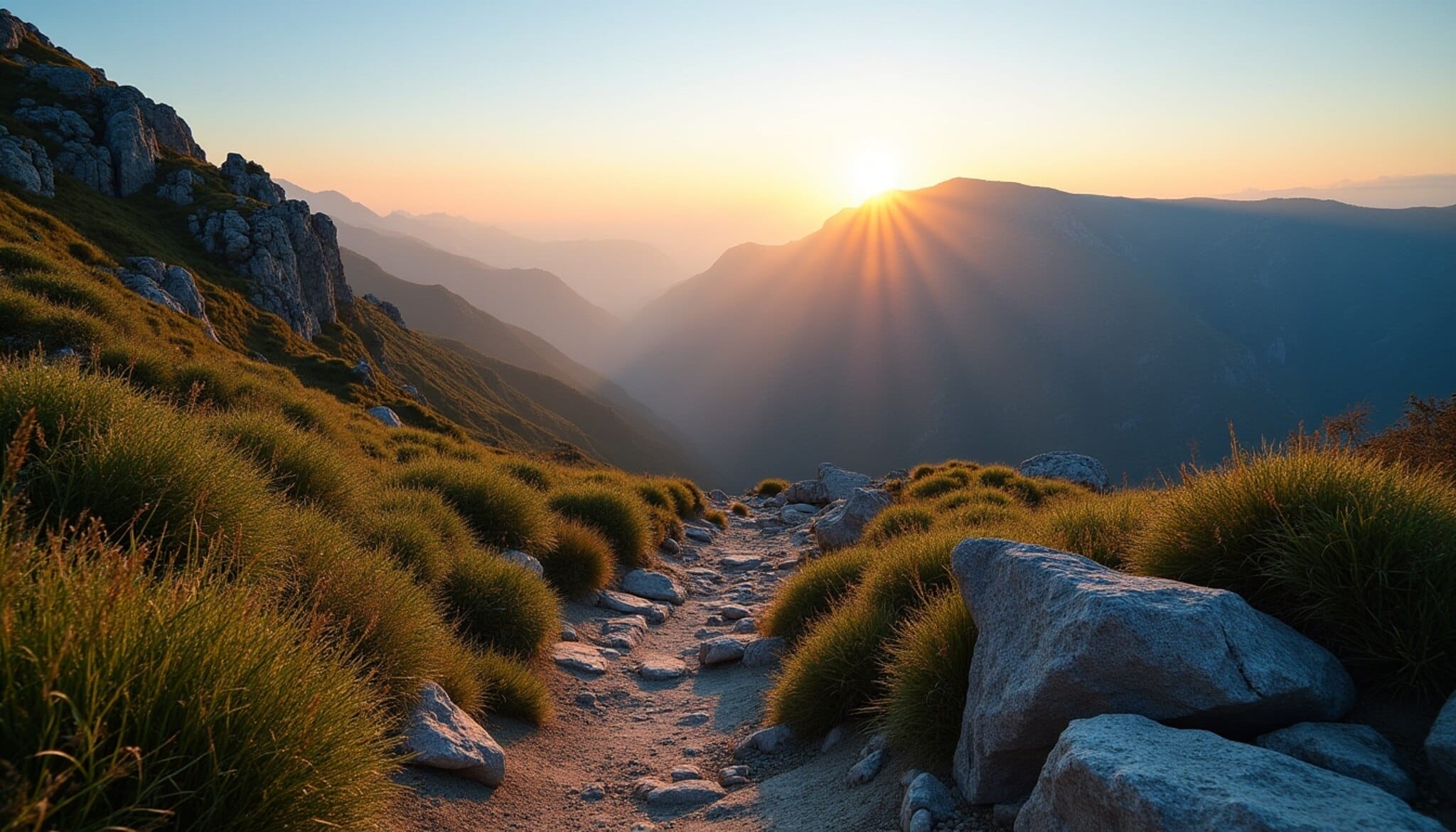 Montañas de León al amanecer con cielos despejados y senderos rocosos