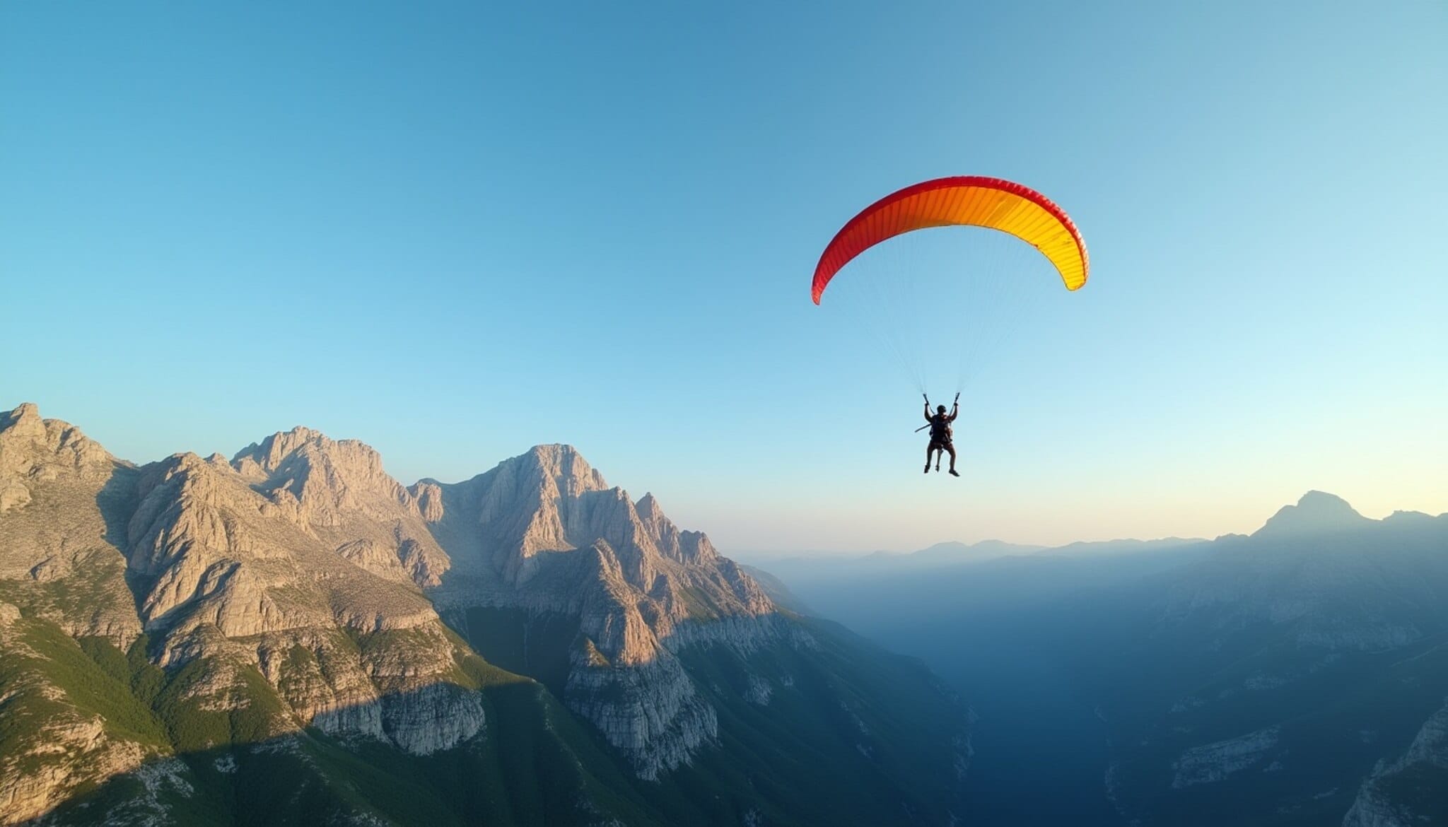 Un parapente volando sobre un paisaje montañoso que recuerda a la provincia de León.