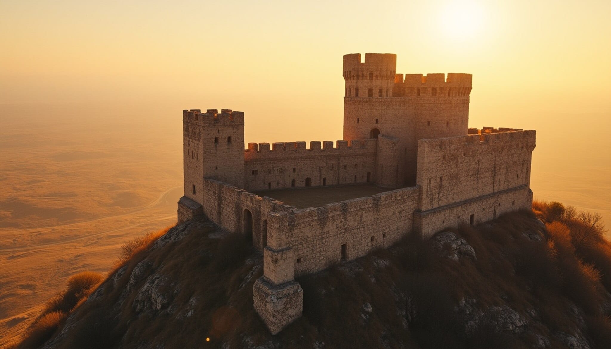 Vista del imponente Castillo de los Quiñones en Laguna de Negrillos al atardecer