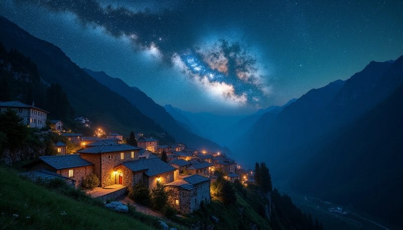 Cielo estrellado sobre Posada de Valdeón en los Picos de Europa