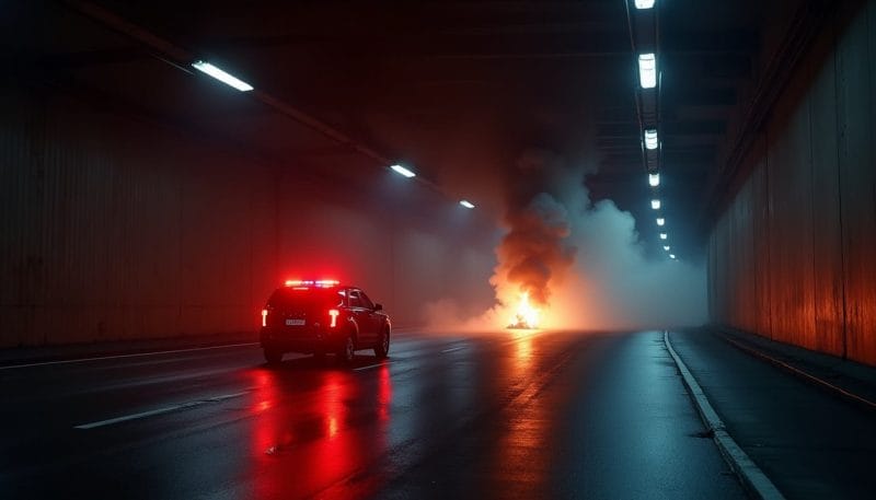Vehículo incendiado dentro de un túnel oscuro iluminado por luces de emergencia.