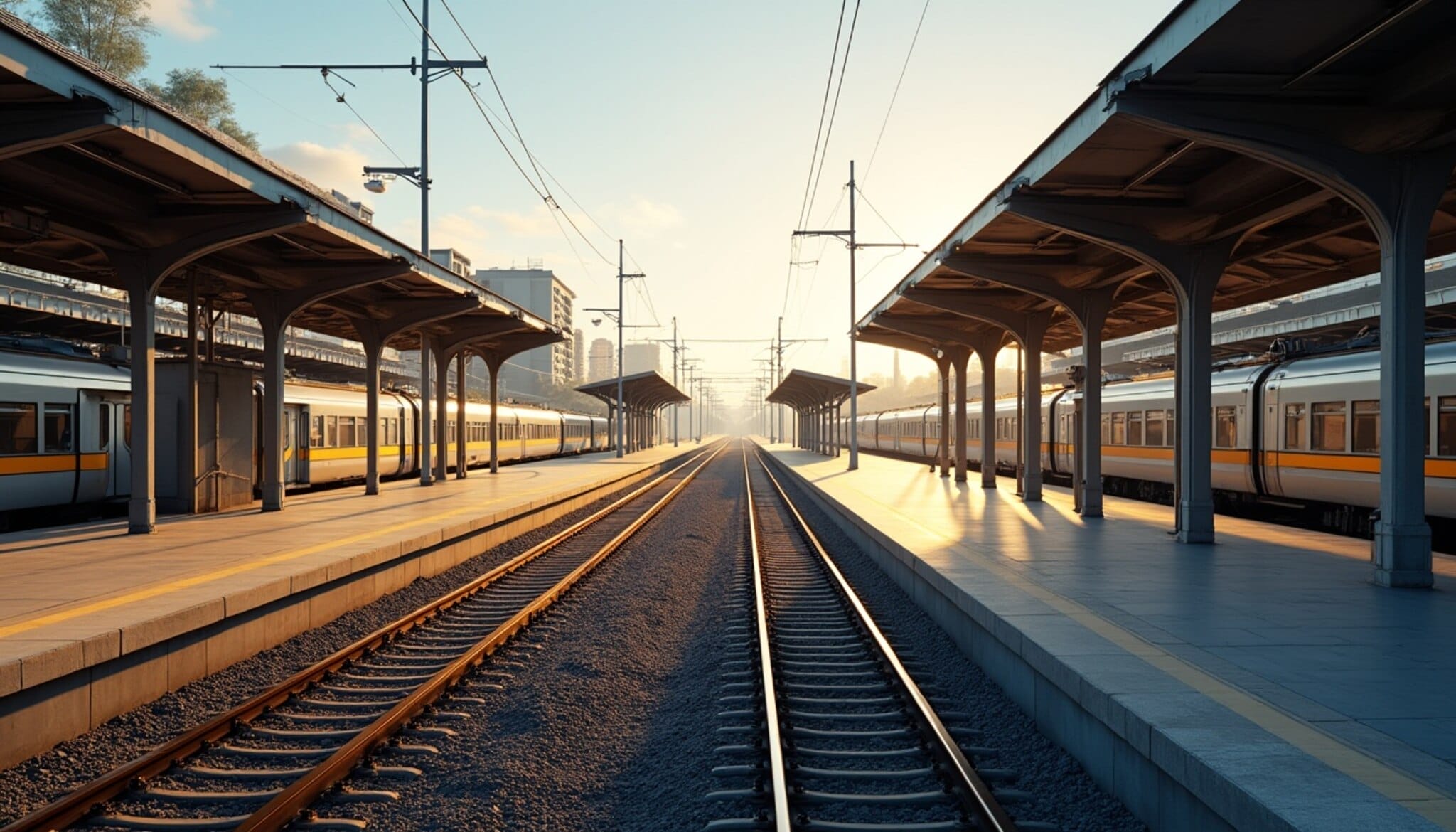 Estación de tren en León con vías y trenes en verano