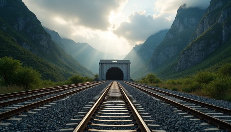 Vías de tren modernas entrando en un túnel en la montaña.