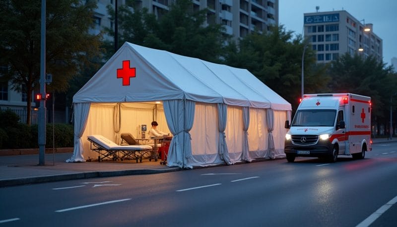 Puesto médico avanzado de Cruz Roja en un evento urbano.