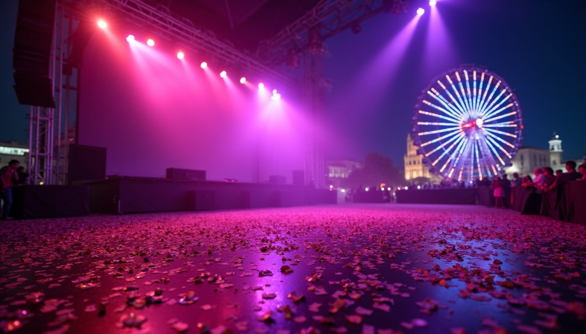 Escenario de las fiestas de Valverde de la Virgen por la noche