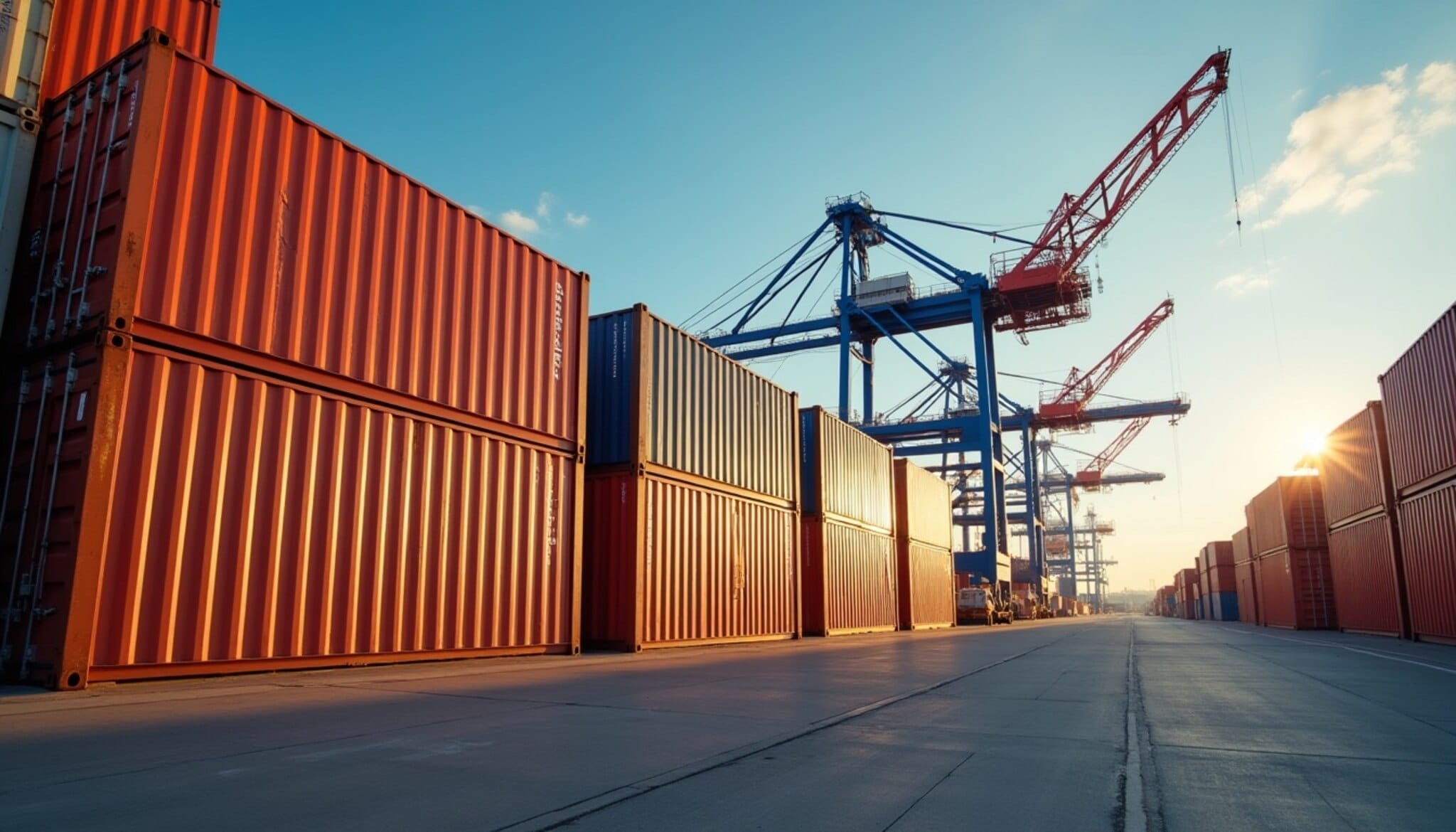 Contenedores de exportación en puerto con bandera de Estados Unidos de fondo