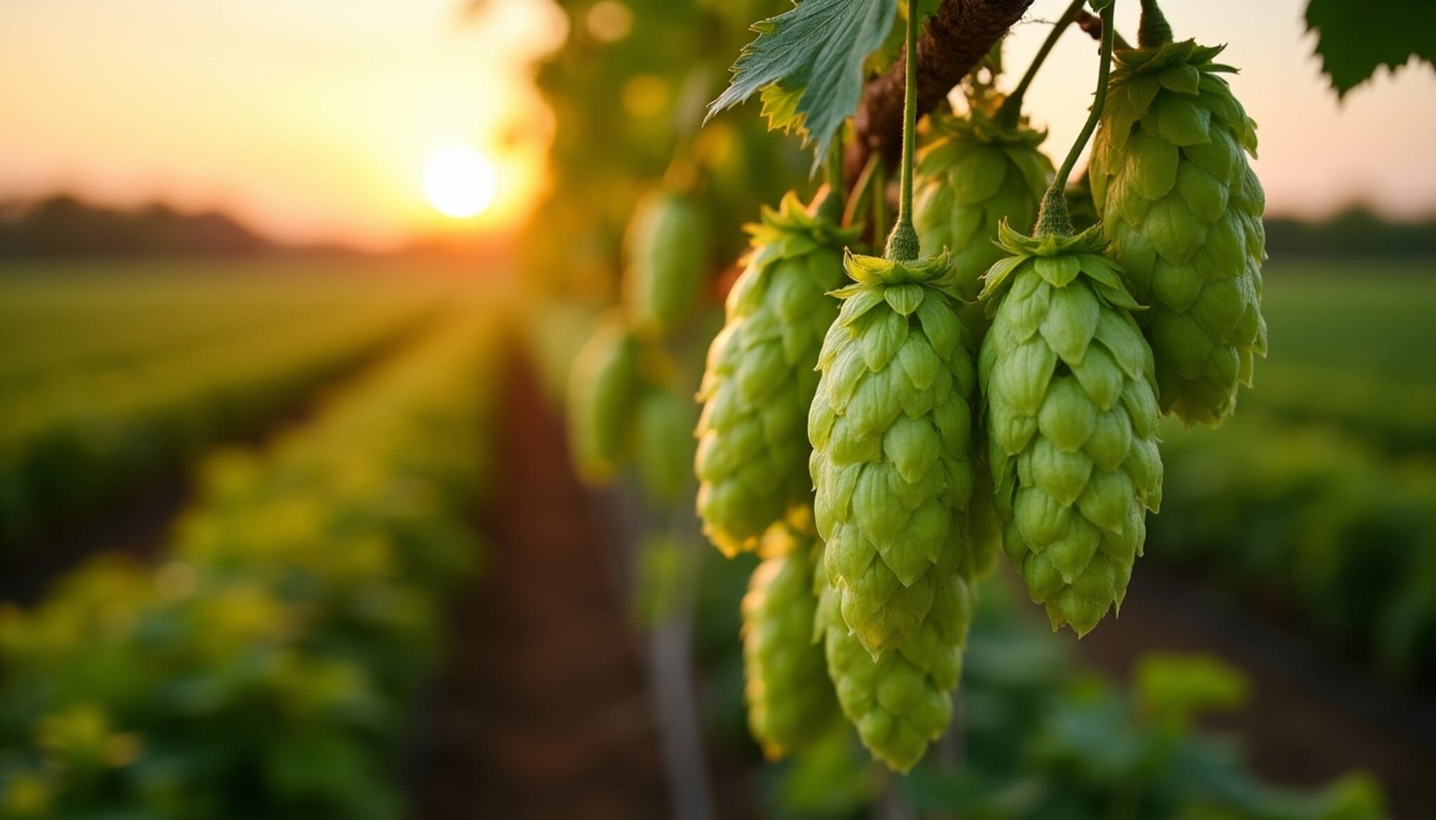 Plantación de lúpulo al atardecer en la ribera del Órbigo.