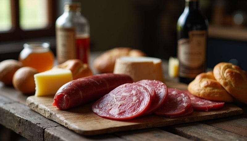 Bodegón con productos de León como cecina, botillo y queso sobre una mesa de madera rústica.