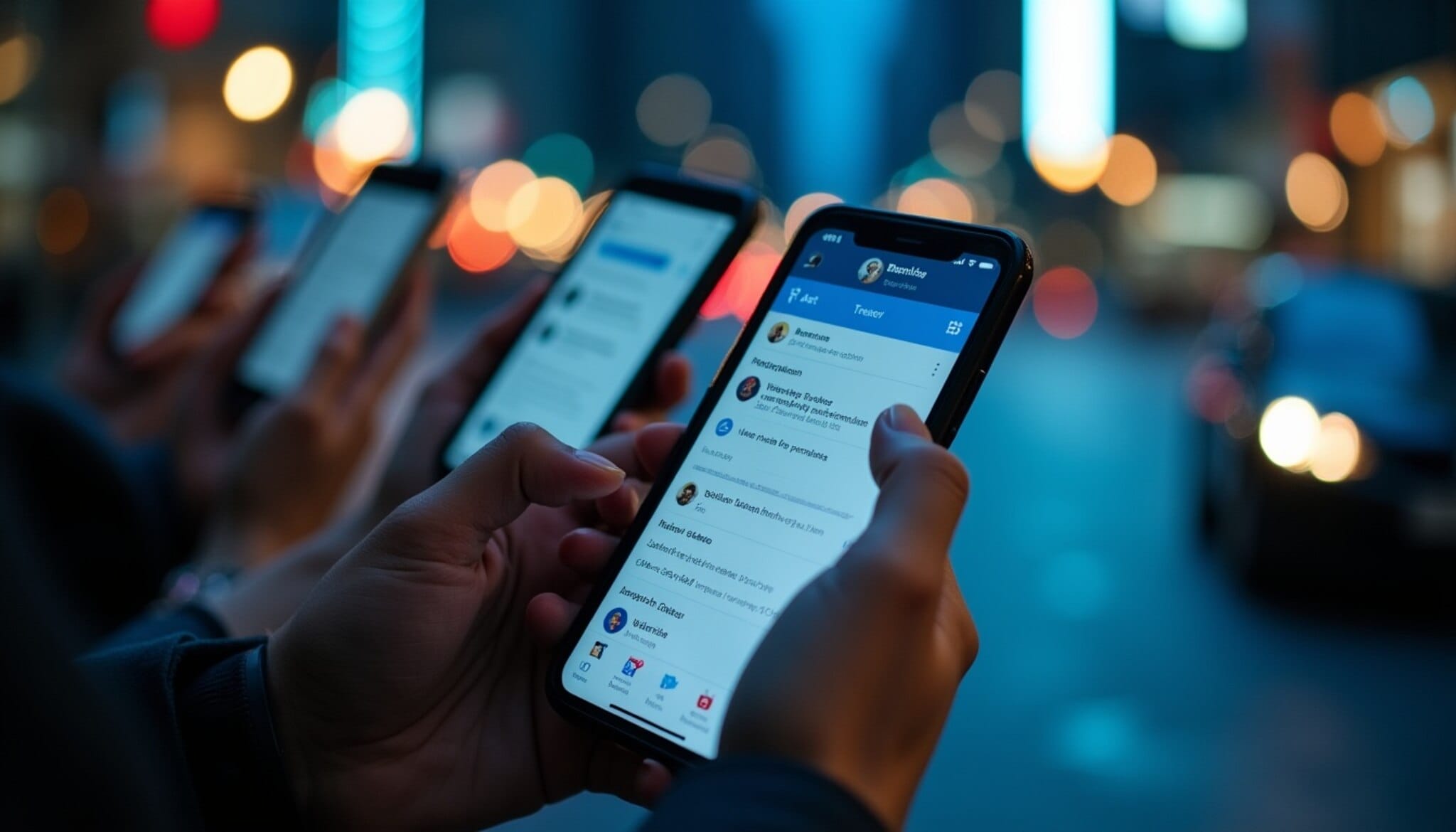 Pantallas de teléfonos móviles mostrando redes sociales en un entorno urbano nocturno