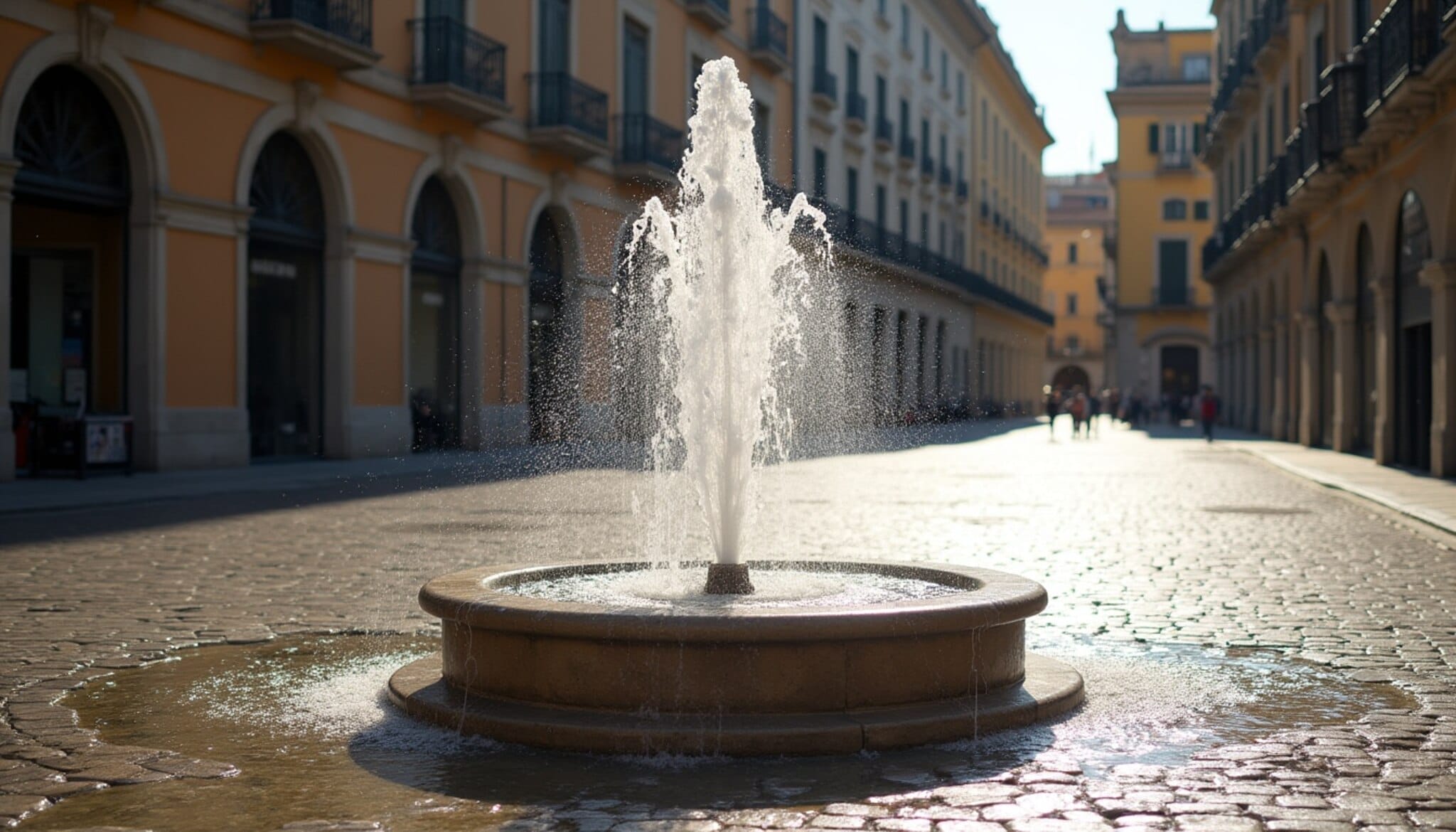 Fuente en una plaza de León durante una ola de calor