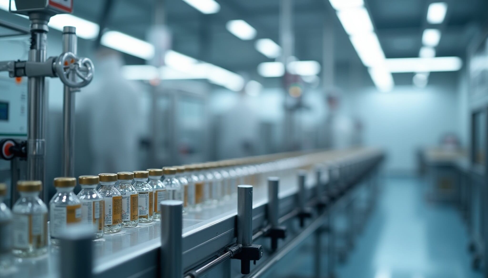 Línea de producción en un laboratorio farmacéutico moderno.