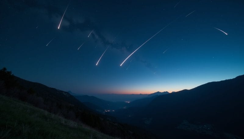 Cielo nocturno con la lluvia de estrellas de las Perseidas sobre un paisaje montañoso.