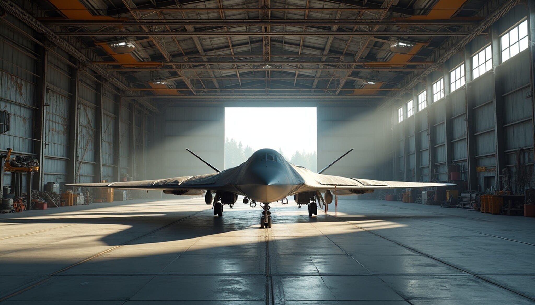 Recreación de un hangar de alta tecnología para drones militares en León.