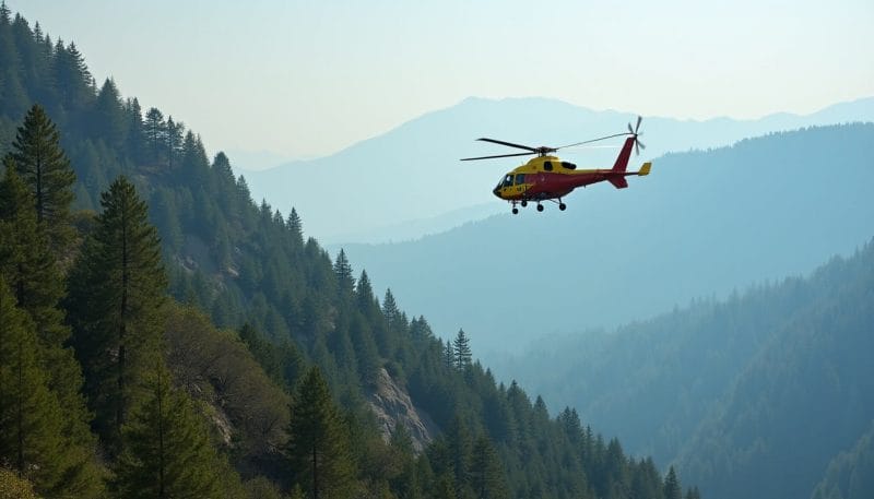Helicóptero de extinción sobrevolando una zona montañosa de El Bierzo