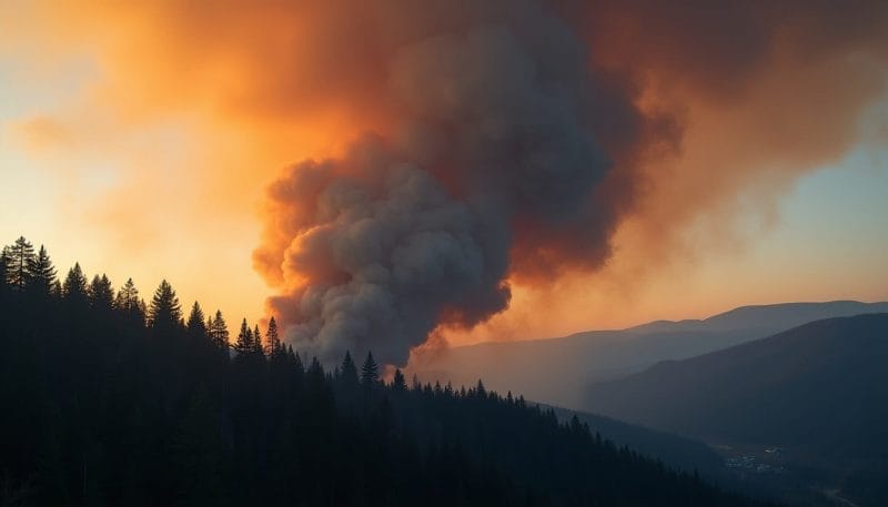 Vista de la columna de humo de un incendio forestal en una zona de pinar de León.