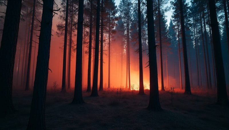 Paisaje forestal amenazado por un incendio en la distancia