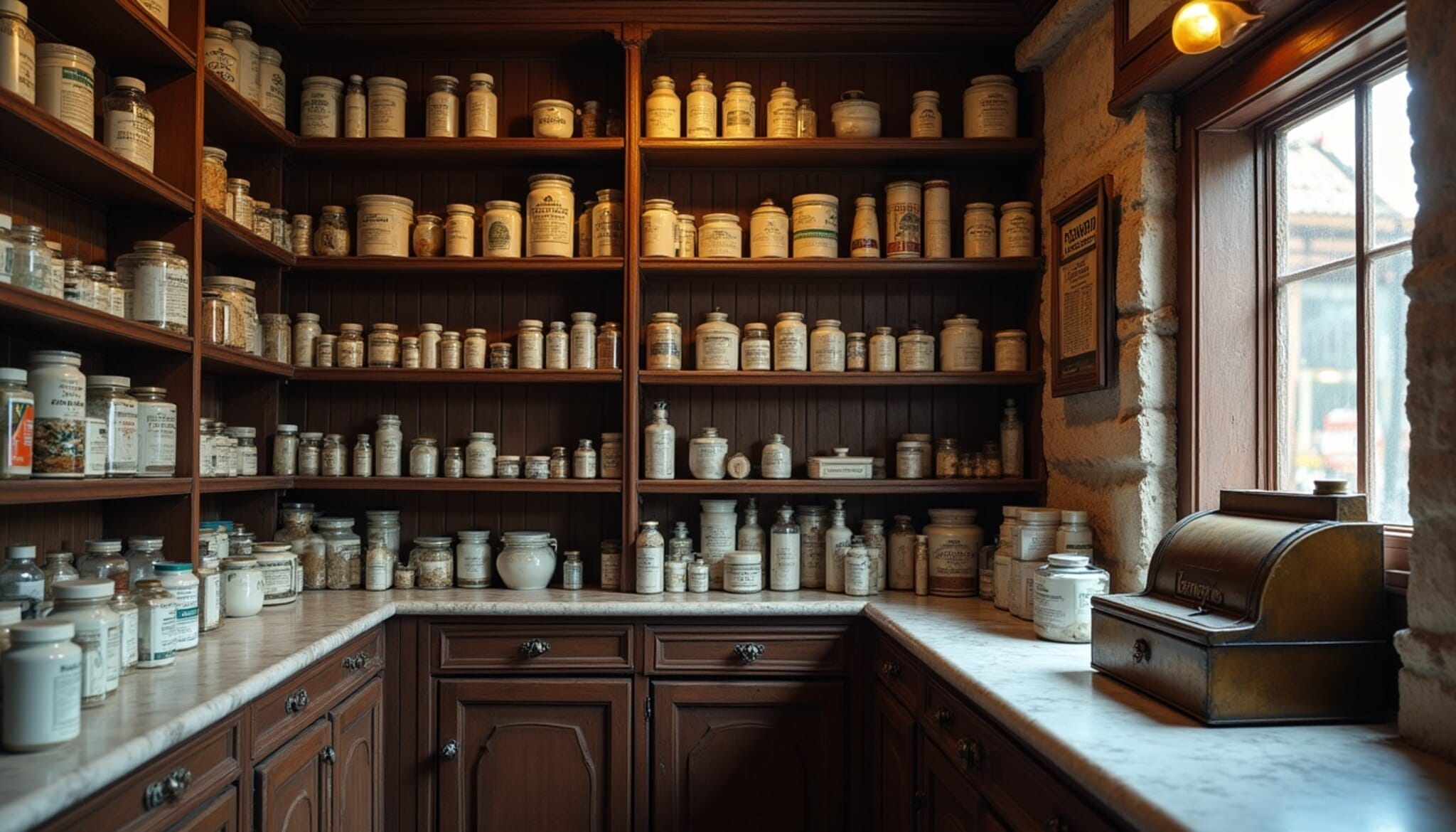 Interior de una farmacia rural bien organizada y tradicional en la provincia de León.