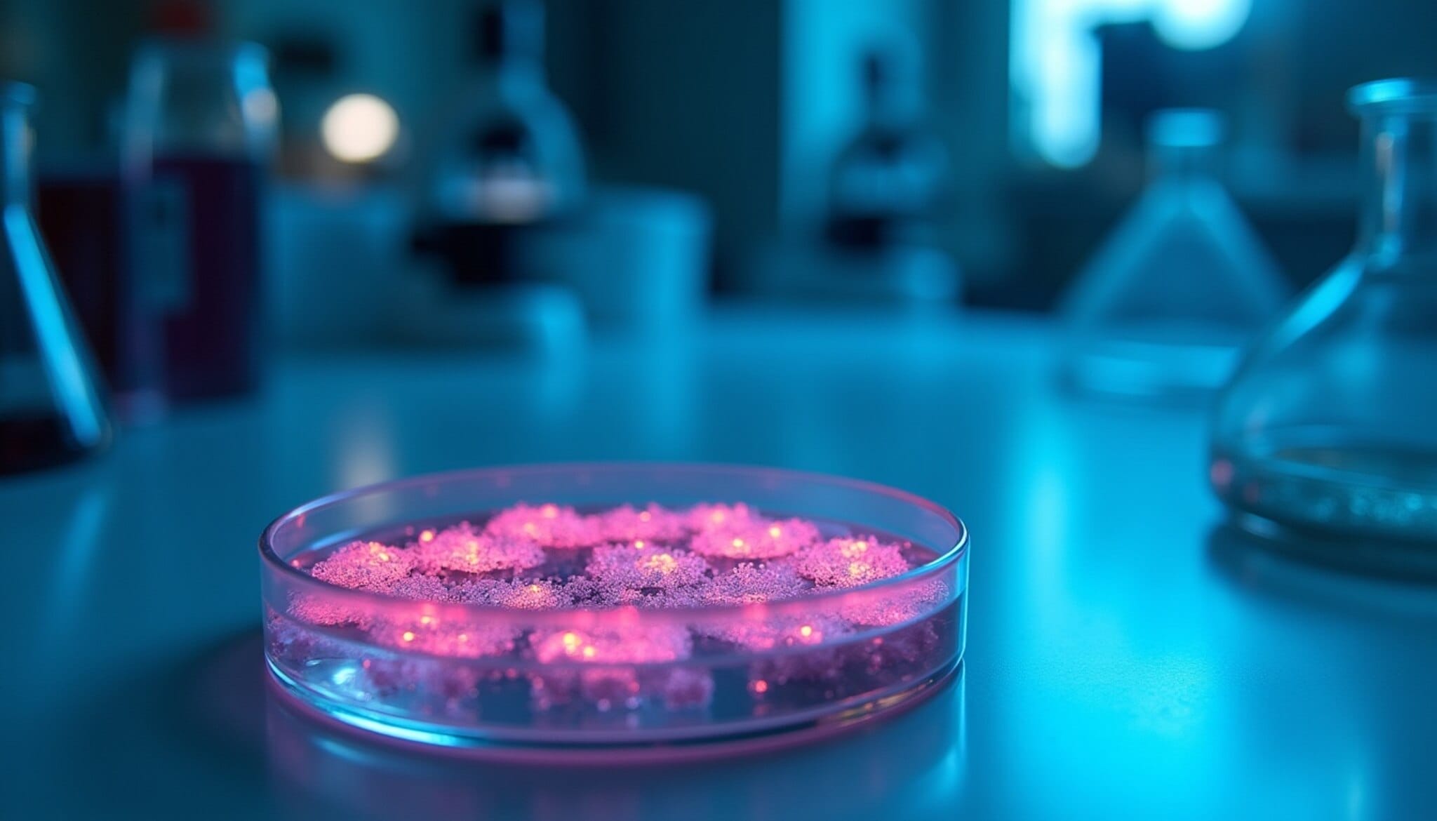 Petri con colonias de bacterias bajo estudio en un laboratorio.