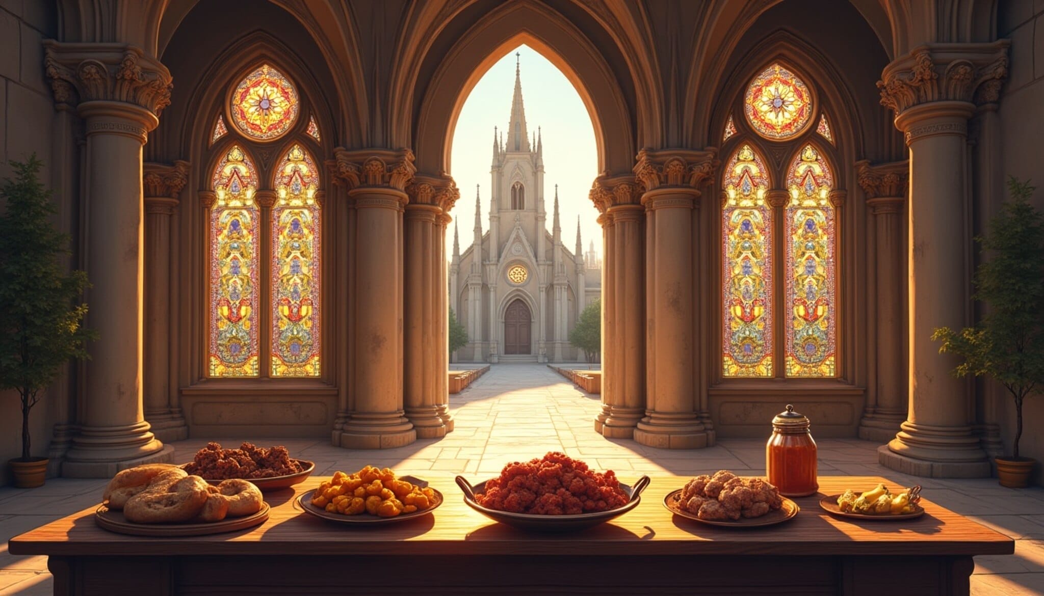 Vista de la Catedral de León y platos tradicionales de la gastronomía leonesa