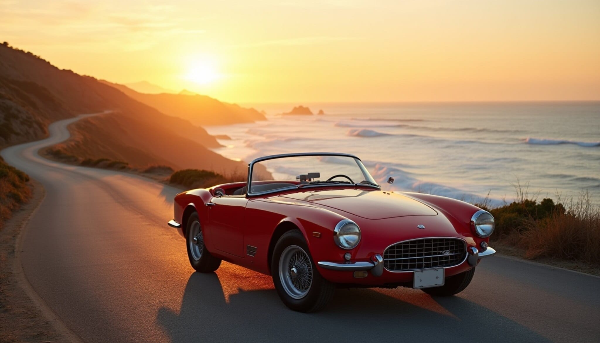 Un coche descapotable clásico en una carretera costera al atardecer, simbolizando la libertad de conducir.