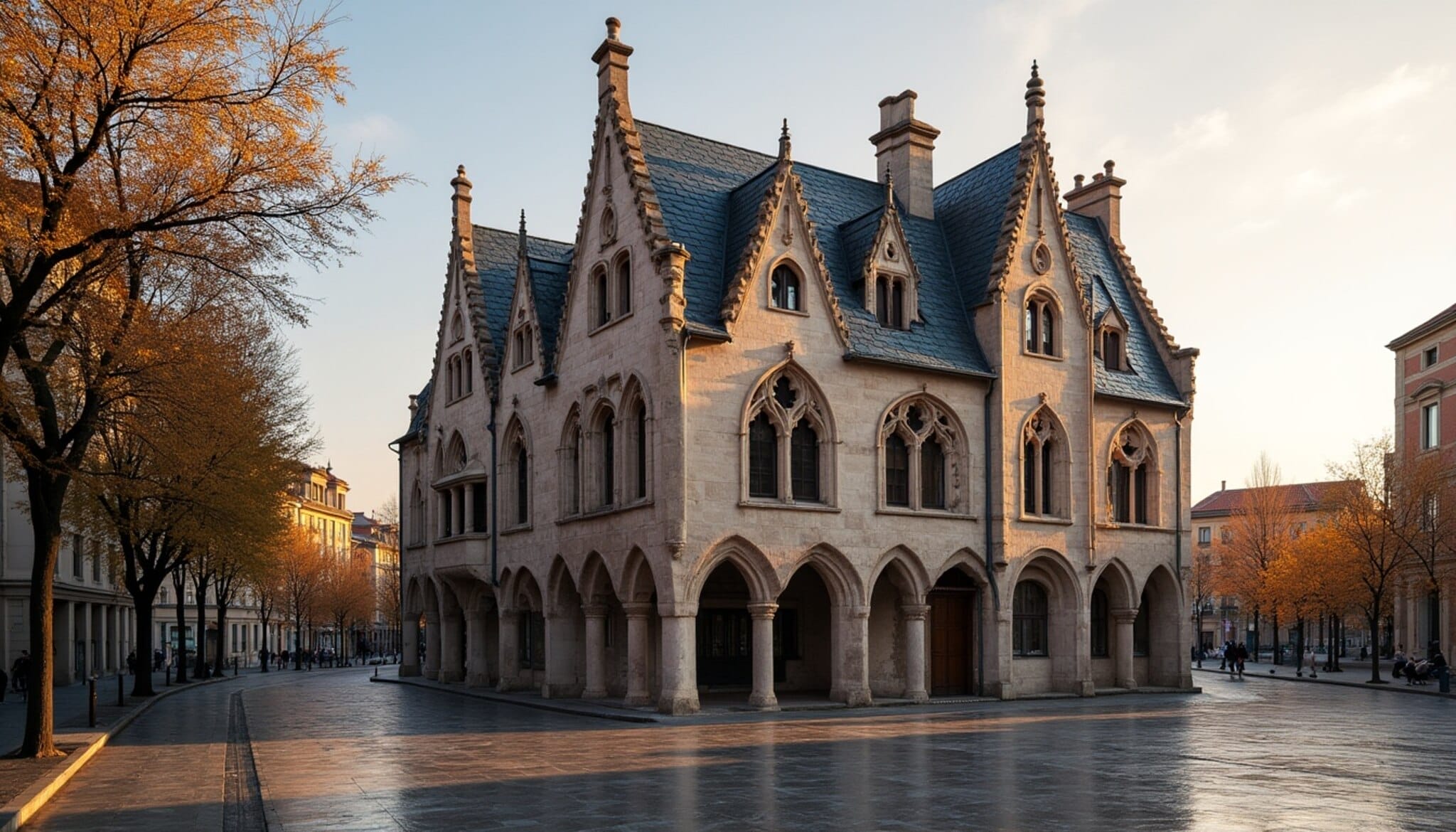 Vista de la Casa Botines de Gaudí en León al atardecer.