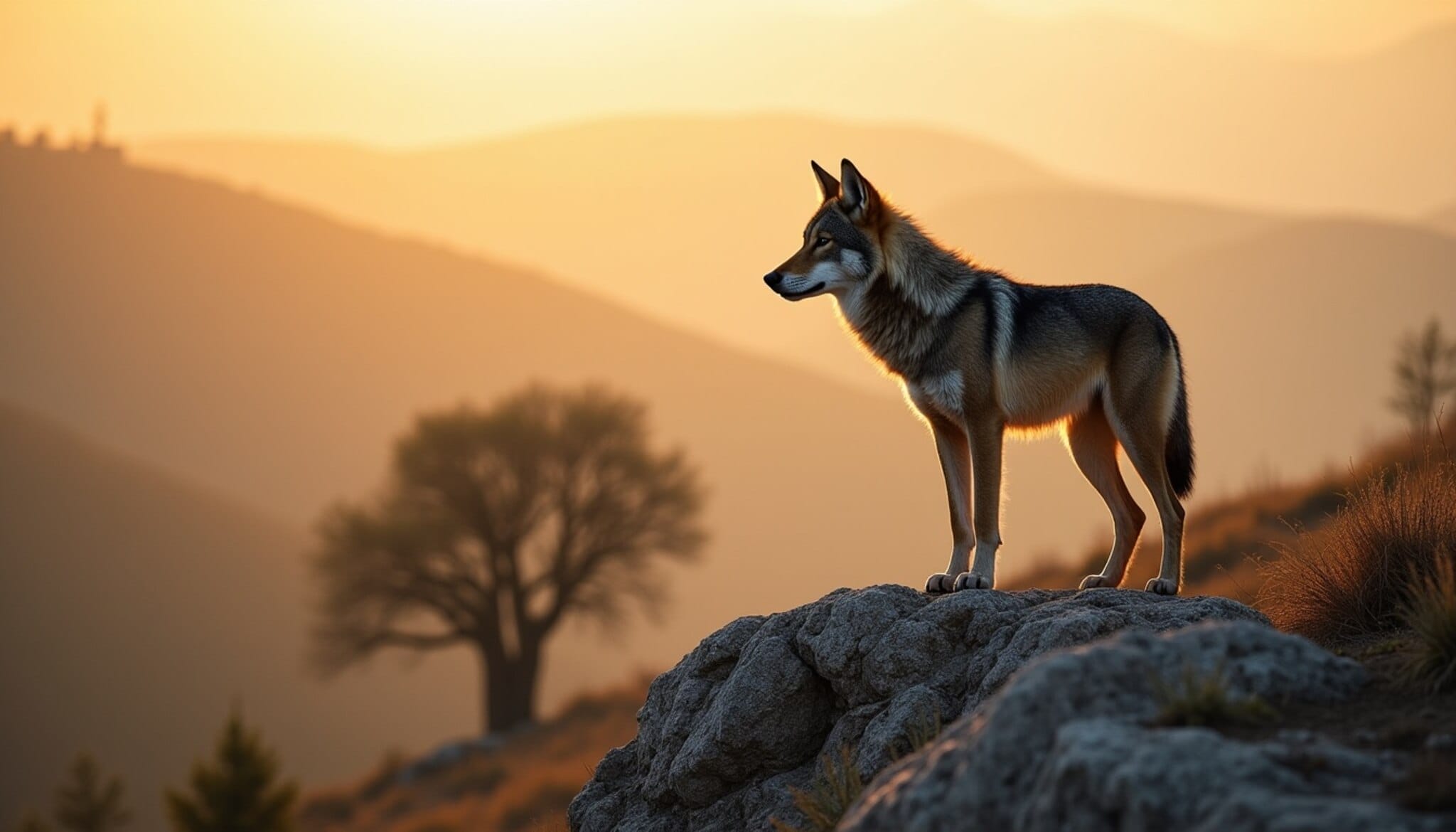Lobo ibérico en un paraje de Castilla y León al amanecer.