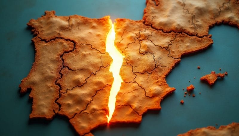 Mapa histórico de los reinos de León y Castilla con una fractura que simboliza su unión artificial.