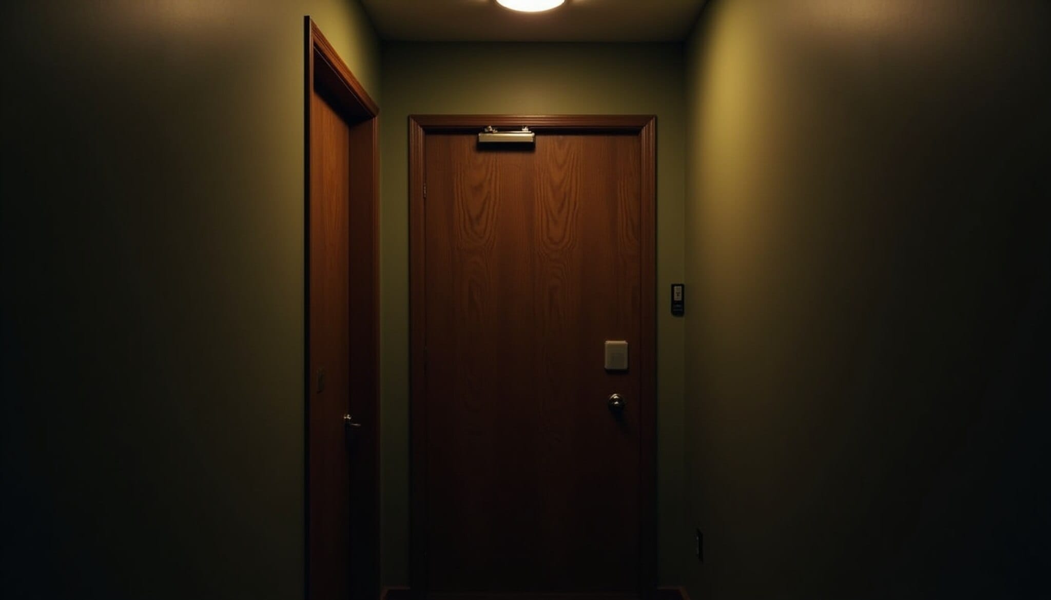 Pasillo oscuro de un edificio de apartamentos con una puerta cerrada.