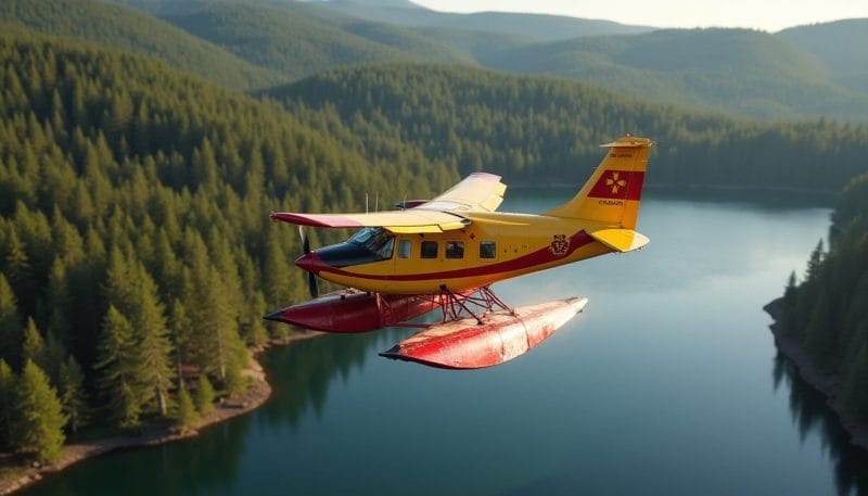 Avión anfibio tipo Canadair sobrevolando una zona forestal para la extinción de incendios.