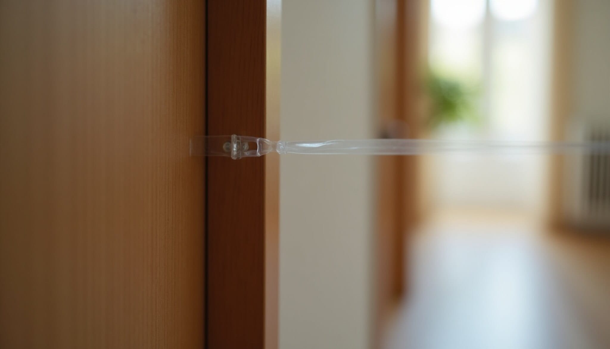 Primer plano de un hilo de silicona casi invisible en el marco de una puerta, usado por ladrones para marcar viviendas.