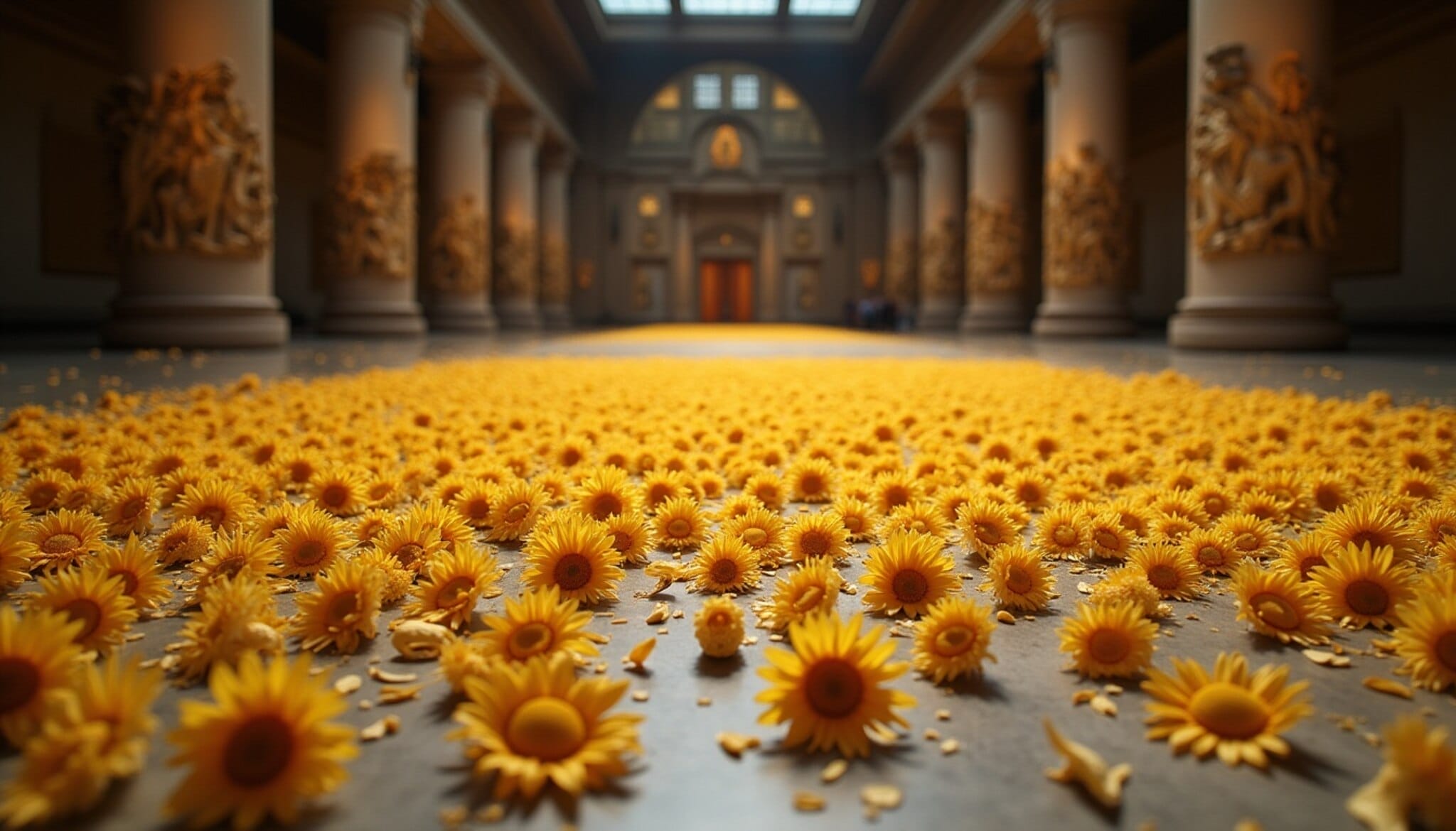 Recreación de la instalación Pipas de Girasol de Ai Weiwei en un museo.