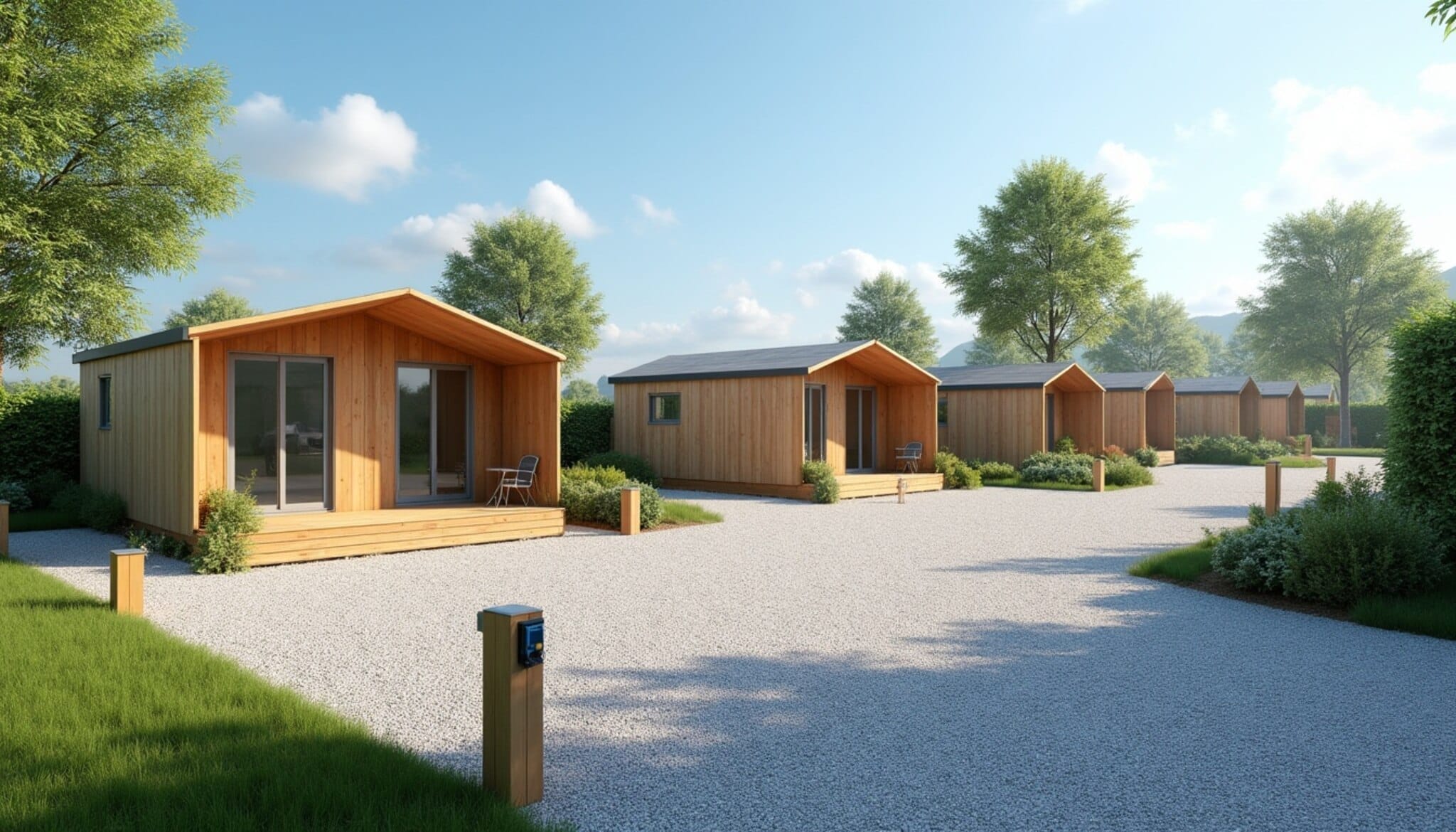 Recreación de un moderno camping con parcelas para autocaravanas y bungalows de madera.