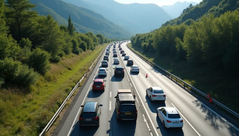 Atasco en la autopista del Huerna por obras en verano.