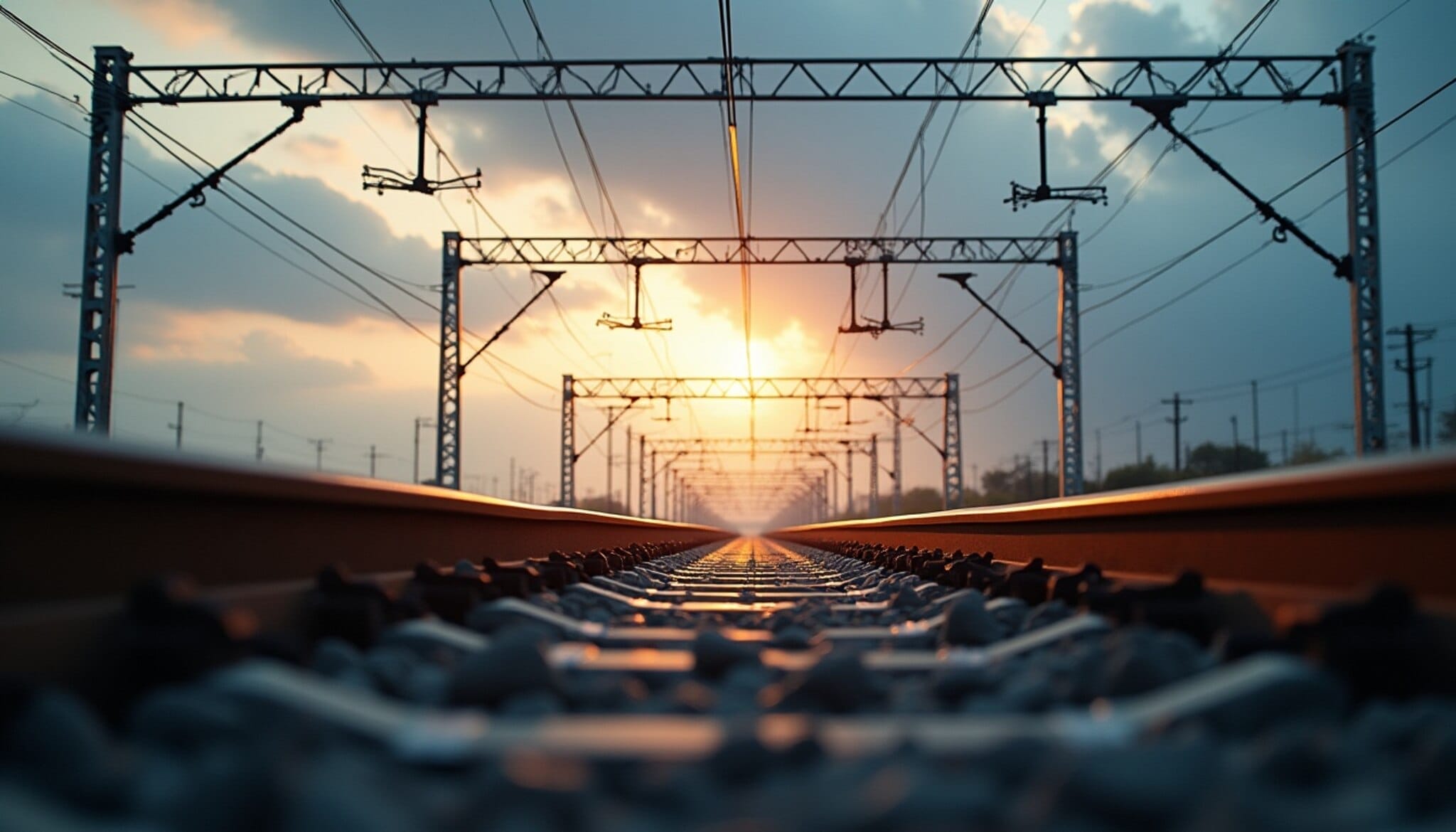 Vías de tren de alta velocidad y catenaria eléctrica.