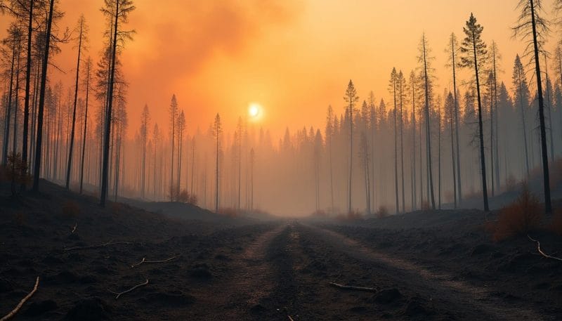 Paisaje desolador de un bosque calcinado tras un incendio forestal.