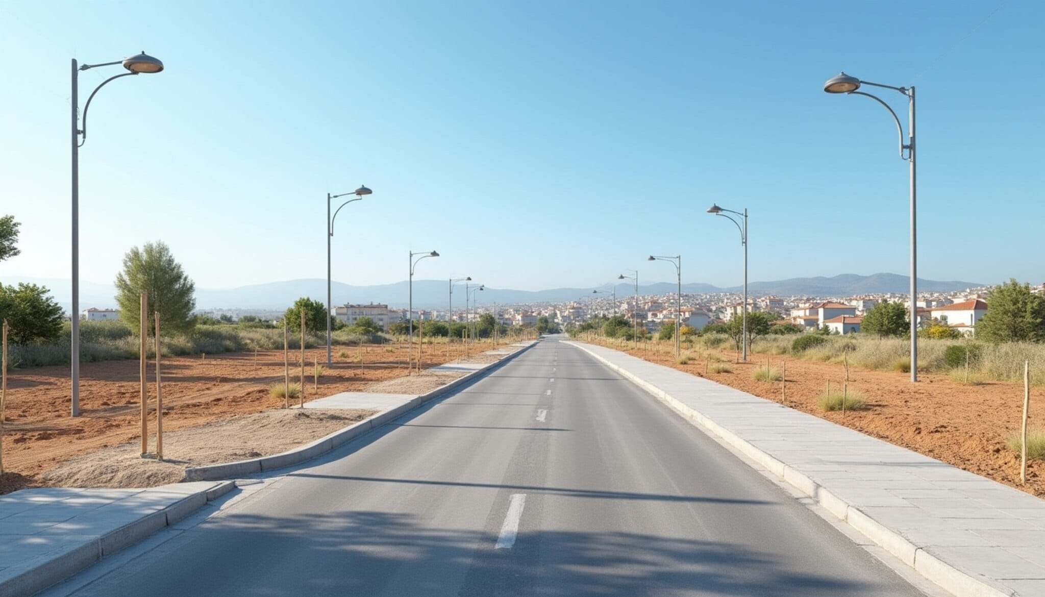 Recreación de una nueva zona urbanizada con parcelas vacías listas para construir.