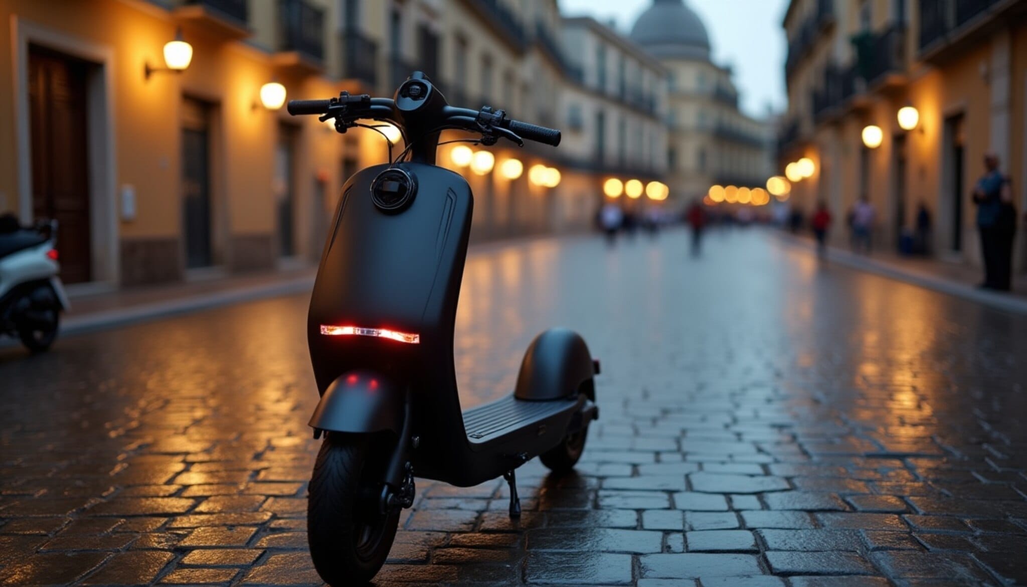 Patinete eléctrico aparcado en una calle de Ponferrada al atardecer.