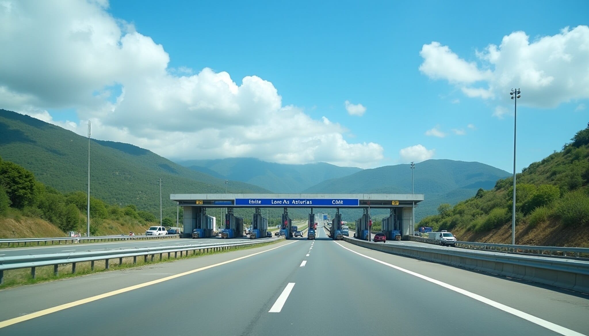 Vista panorámica de la autopista León-Asturias con señalización de peaje