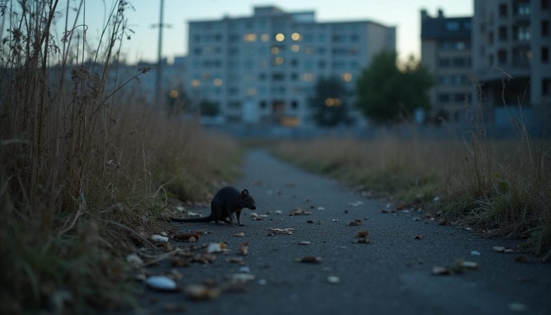 Solar abandonado con maleza alta cerca de una zona urbana.