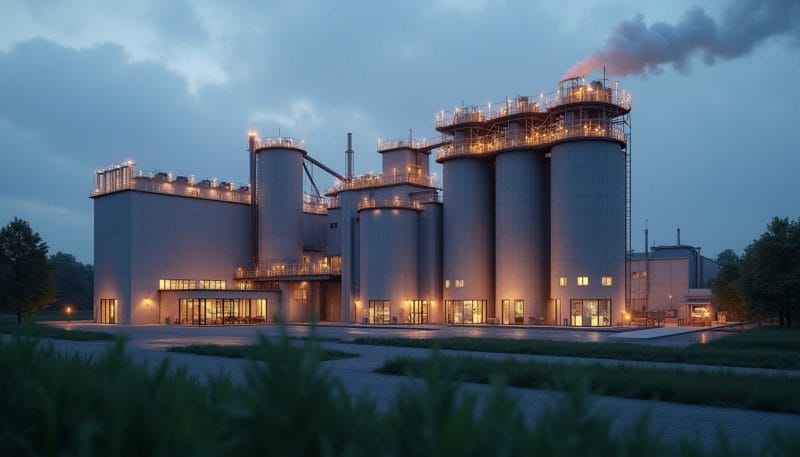 Vista conceptual de una instalación de energía de biomasa moderna y limpia.