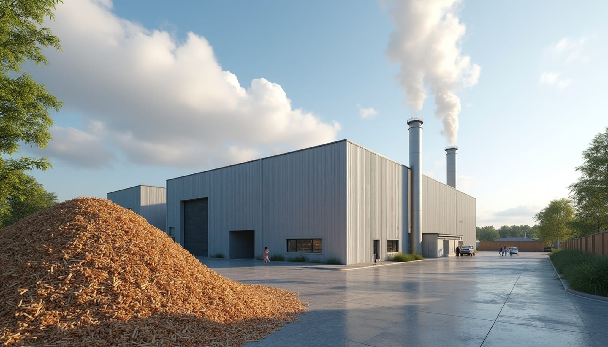 Recreación de una moderna planta de energía de biomasa en León.