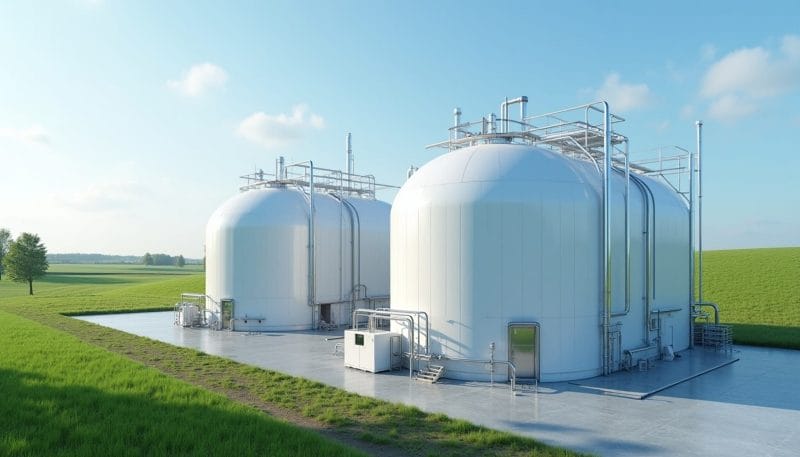 Recreación de una moderna planta de producción de biometano en un entorno rural.