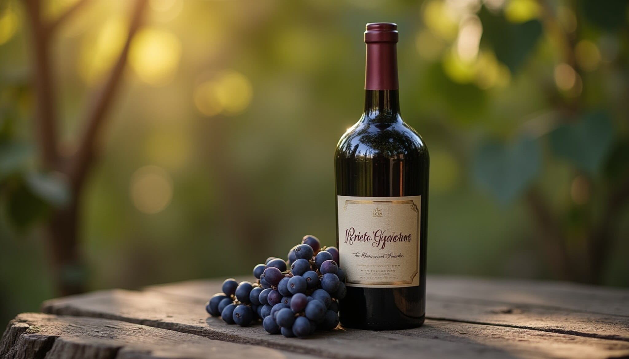 Botella de vino Prieto Picudo sobre mesa de madera con racimos de uva