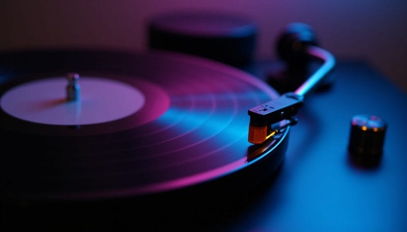 Vinilo sonando en un tocadiscos con luz morada representando el Purple Weekend.