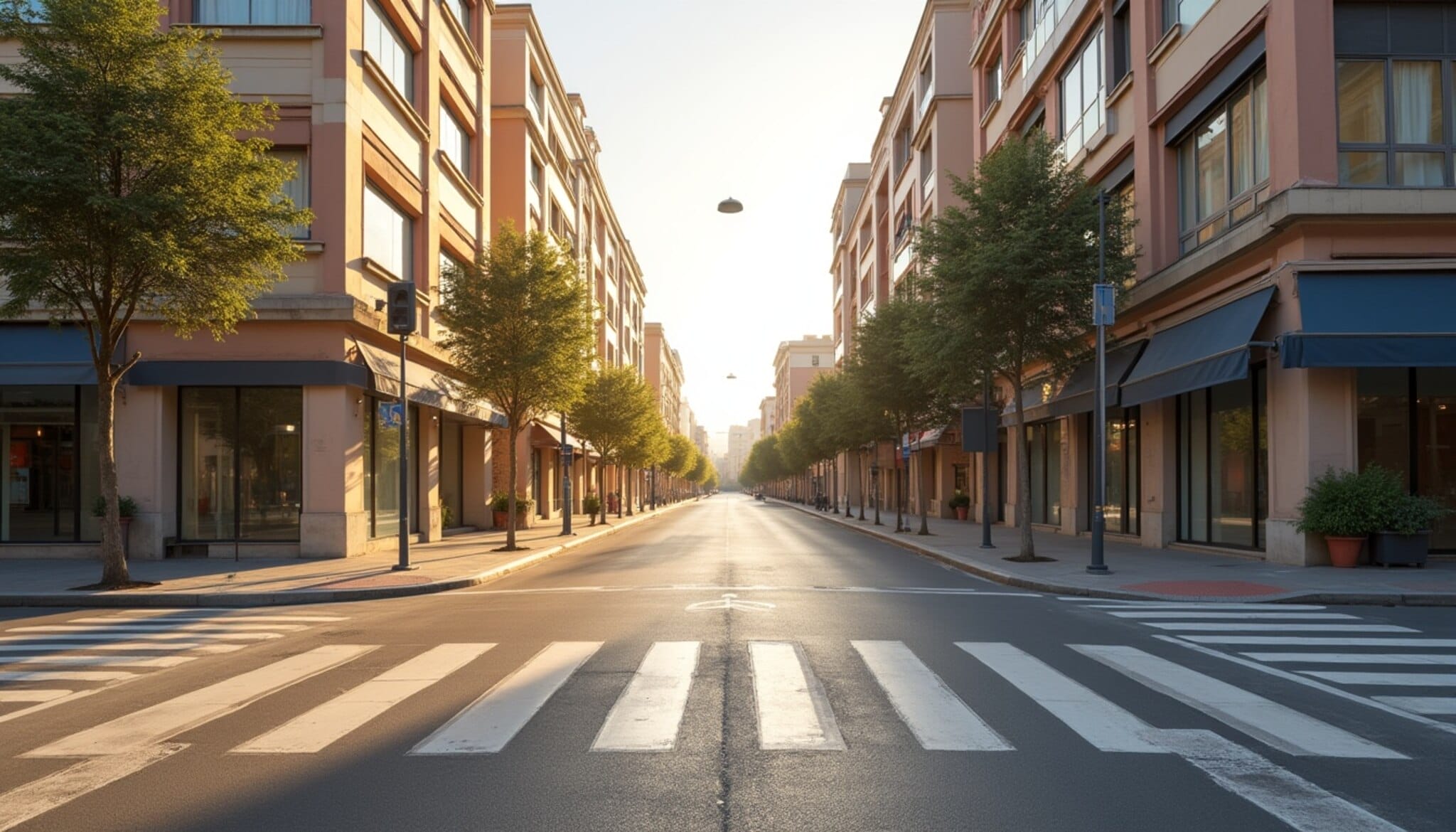 Calle de una ciudad española vacía en un día soleado.
