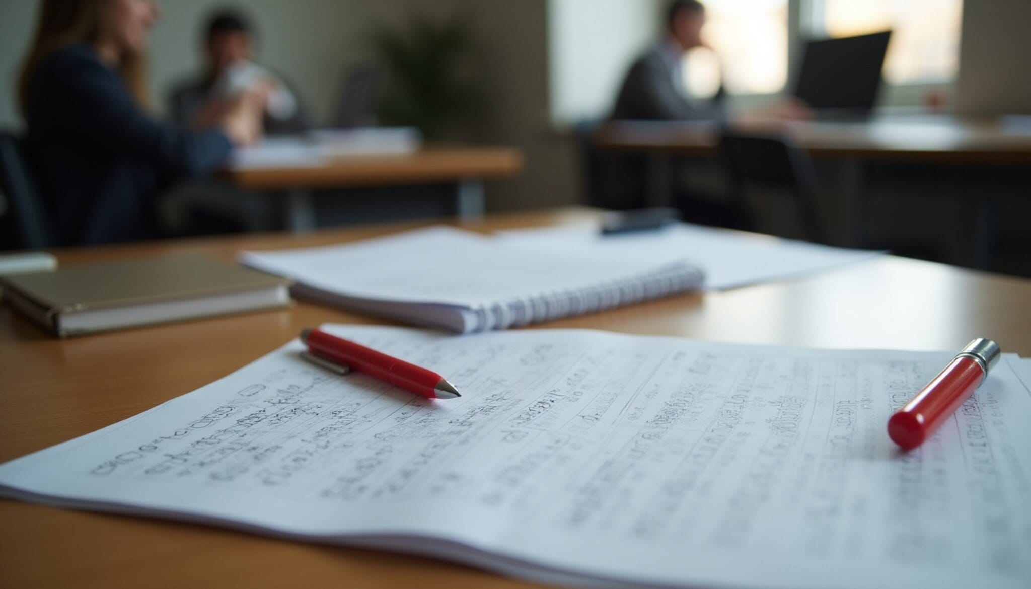 Exámenes de la EBAU sobre una mesa listos para ser revisados.